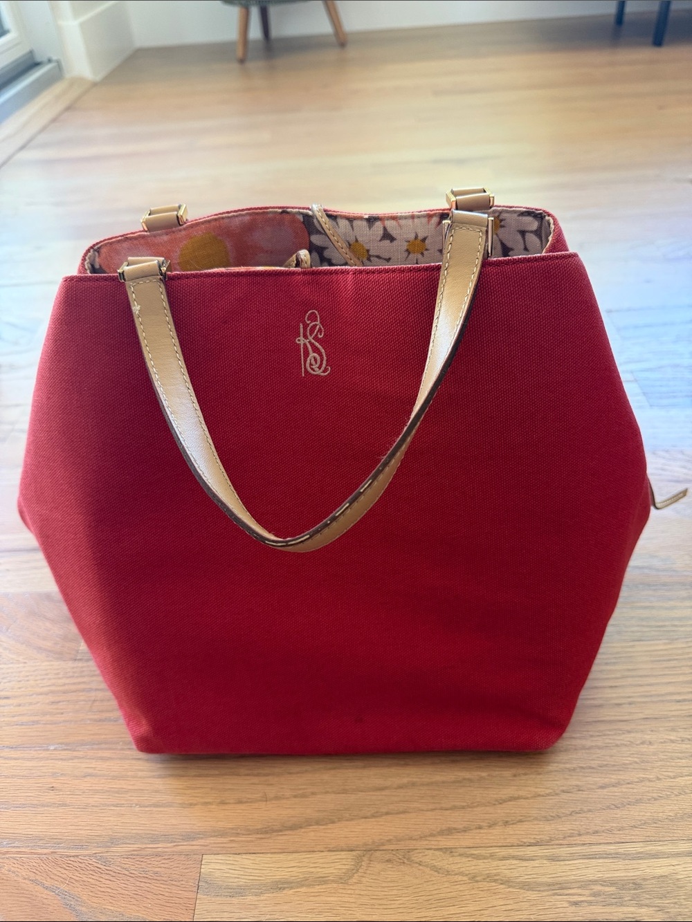 Vintage Kate Spade New York Red Canvas Floral Lined Tote Bag